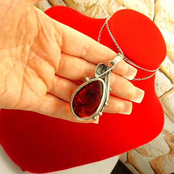 CALLA LILLY BIG AMBER and 925 SILVER PENDANT WITH 19 in STERLING CHAIN - Picture 3 of 10